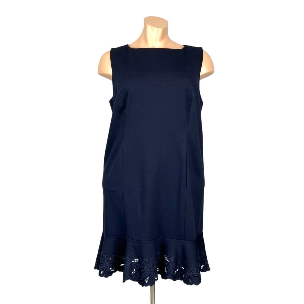 Talbots Womens Plus Blue Ponte Sheath Dress Sleeveless Flounce Hem size 22W